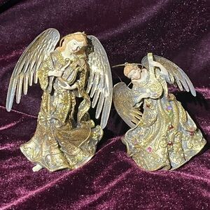 VTG Porcelain Gilded Angels Cherubs Metal Wings Christmas Ornament Rhinestones